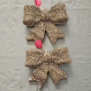 Set of Two Golden Glitter Sparkly Christmas‎ Bows Jumbo Ornaments Ashland Decor